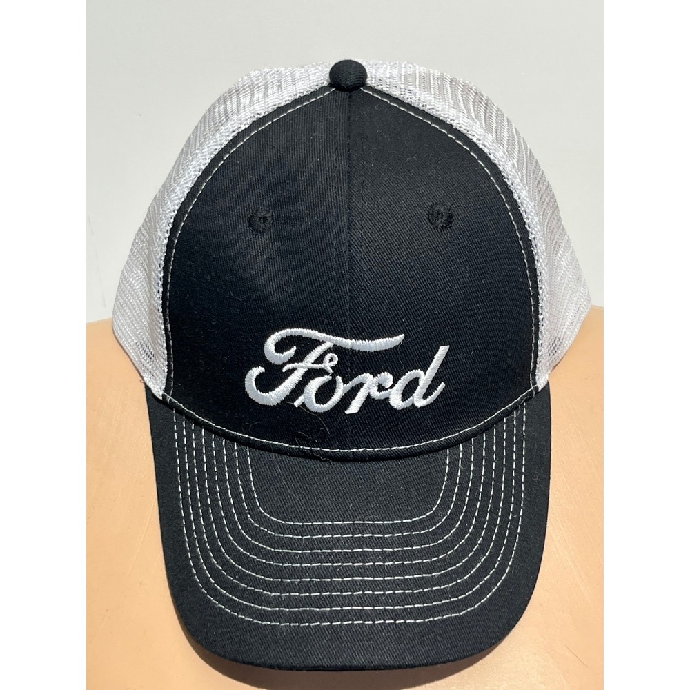 Ford Script Logo Trucker Hat Black White Embroidered Snapback Cap
